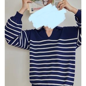 Cos navy cream stripe sweater v neck with collars size M